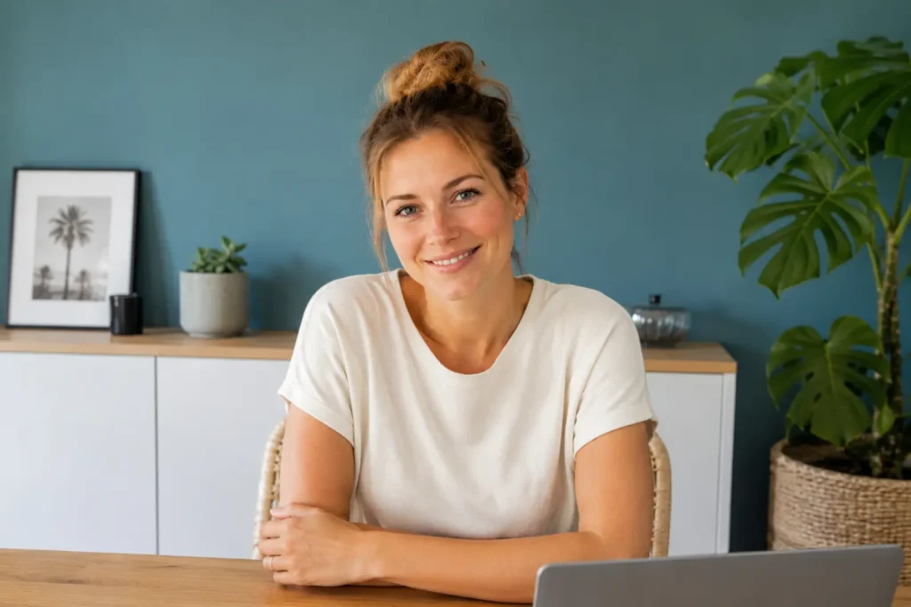 Elin framför laptop i skandinaviskt vardagsrum med modern nordisk inredning och blå vägg