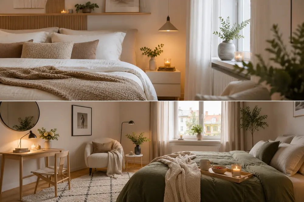 Använd mjuka textilier, lager på lager och naturliga färger för att skapa en varm hotellkänsla i sovrummet.