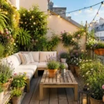 Förvandla din balkong till en grön oas med blomster, ljusslingor och en mysig loungekänsla perfekt för sommaren.