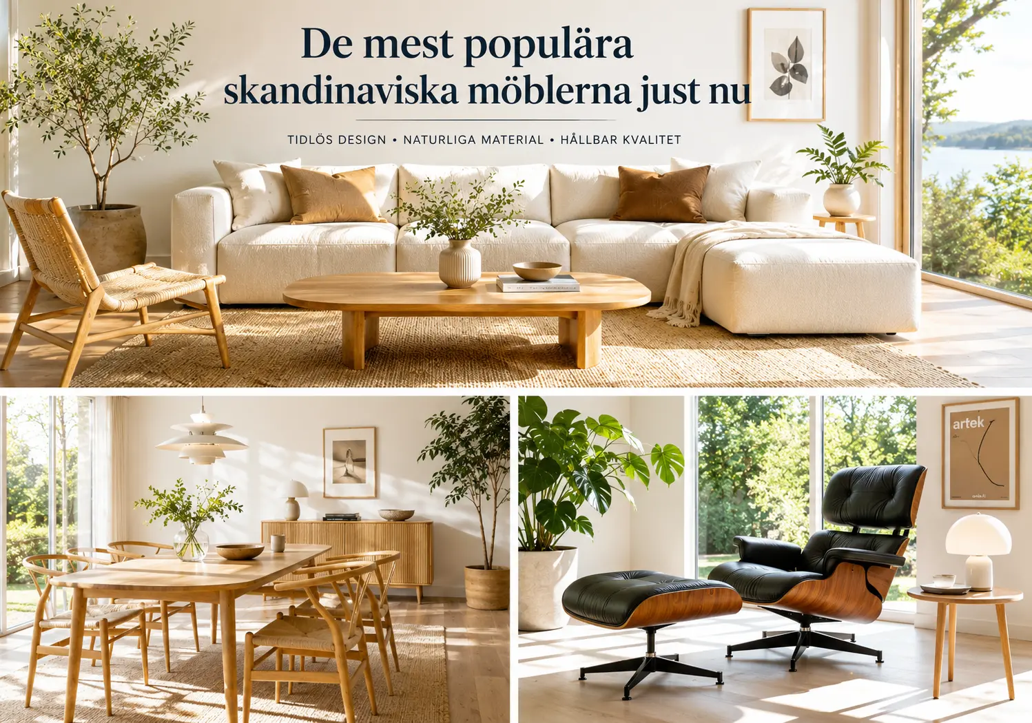 Ljust skandinaviskt vardagsrum med modern beige soffa, träbord och naturlig nordisk inredning