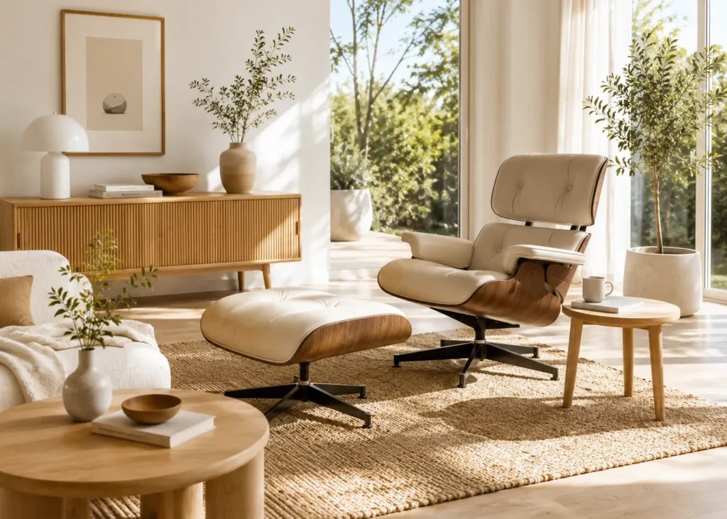 De mest populära skandinaviska möblerna just nu 7 Elegant skandinavisk lounge med designfåtölj i trä och ljus minimalistisk nordisk inredning