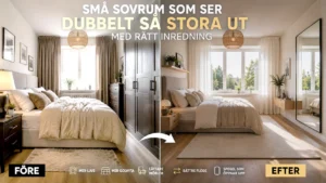 Före och efter jämförelse av ett litet sovrum som med rätt inredning, spegel och ljusa material känns betydligt större och luftigare.