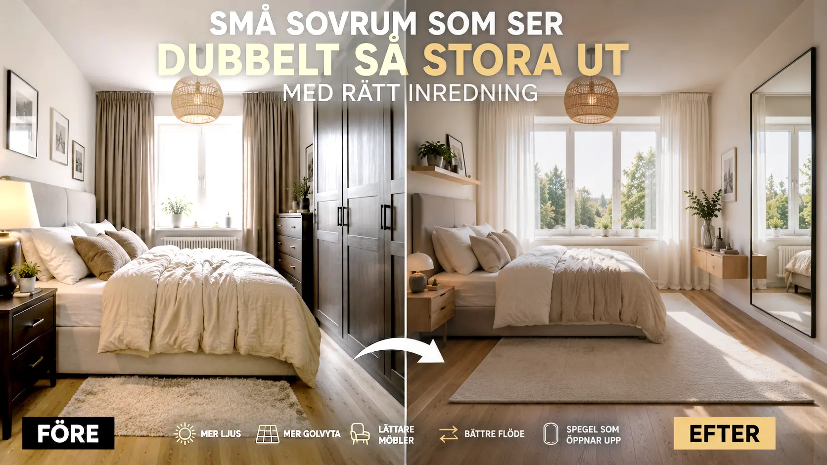 Före och efter jämförelse av ett litet sovrum som med rätt inredning, spegel och ljusa material känns betydligt större och luftigare.