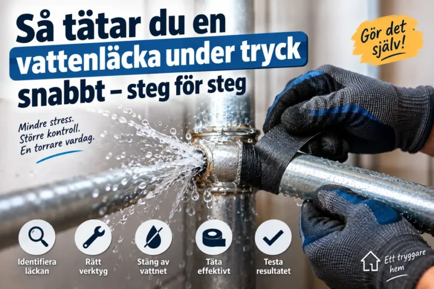 narbild av en person med arbetshandskar som haller ett metallror och tatar vattenlacka medan vatten sprutar ur kopplingen